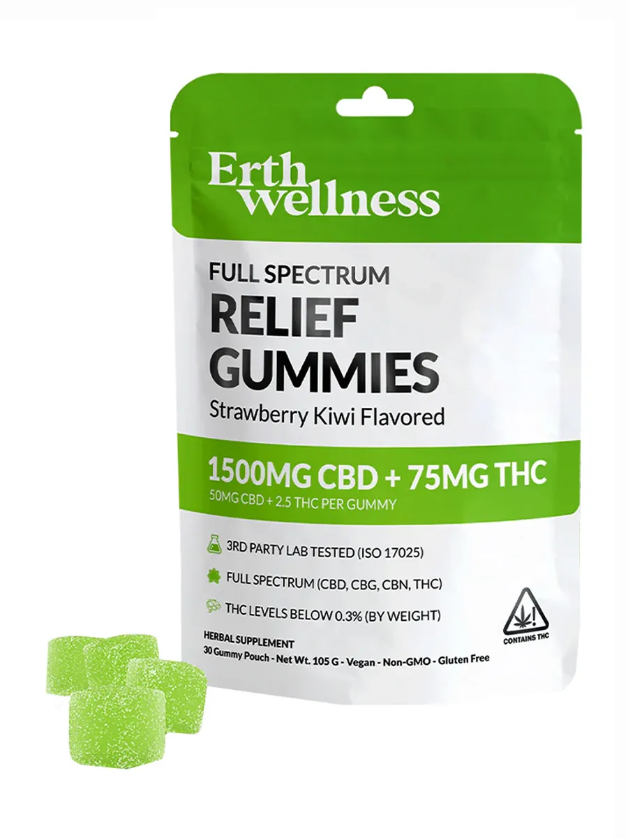Strawberry Kiwi Erth Wellness Relief Gummies Full Spectrum CBD+THC 30ct 1575MG