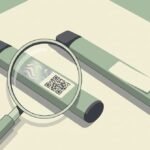 Magnifying glass comparing two disposable vape pens, one with a hologram and QR verification label