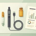 Flat lay of vape hardware: disposable pen, 510 cartridge, battery, oil vial and a lab report