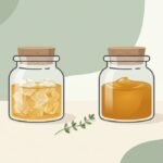Two glass jars: crystalline liquid diamonds on the left and amber live resin on the right