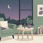 Calm evening living room with an armchair, a vape pen on the side table and a dusk sky