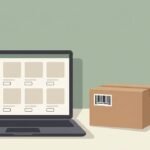 Laptop showing an online shop grid beside a parcel with a tracking label and a padlock
