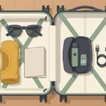 Open carry-on suitcase packed with a compact pod vape, spare pod, cable and travel essentials