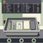 Airport security tray holding a compact pod vape, a spare battery in a case, a liquids bag and a passport