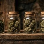 Four glass jars showing herbal flower quality progressing from loose trim to dense top-shelf buds