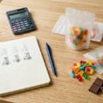 Calculator, notebook and unbranded pouches of gummies and chocolate squares on a desk