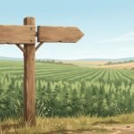 Wooden signpost with two arrows in front of a hemp field