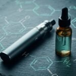 Vape pen and e-liquid bottle on a slate surface with chalk molecule drawings