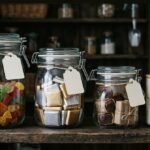 Airtight glass jars of gummies, wrapped chocolate and brownies with blank labels on a pantry shelf