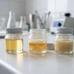 Three jars showing distillate, live resin and rosin textures on a lab bench