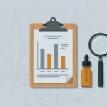 Illustration of a lab report, dropper bottle and magnifying glass