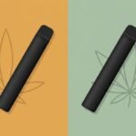 Two vape pens on a split amber and green background representing THC and CBD
