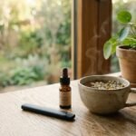 Unbranded vape pen and a CBD oil dropper bottle on a wooden table next to a cup of herbal tea
