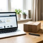 Delivery parcel and vape pen on a desk next to a laptop showing an online shop